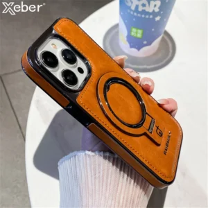 Luxury Lambskin Leather Folding Holder Magnetic for Magsafe Case for iPhone 17 Air 13 12 14 15 16 Pro Max Soft Shockproof Cover