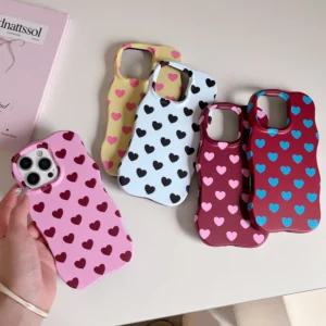 2 in 1 TPU+PC Glossy Cute Heart Hard Phone Case for iPhone 13 14 15 16 Pro Max Wave Edges Comfortable Touch Slim Girly Cover
