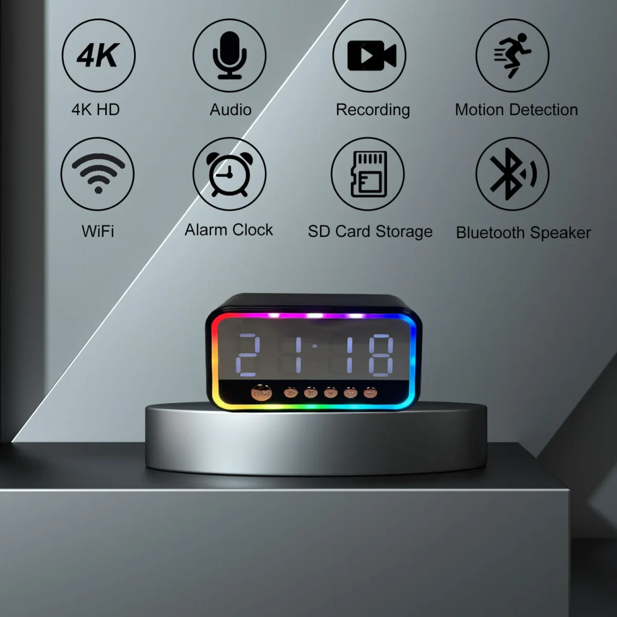 4K Clock Camera with Bluetooth Speaker, WiFi, Motion Detection, App Control, Alarm & Temp Display – Ideal for Indoor Use - Image 2