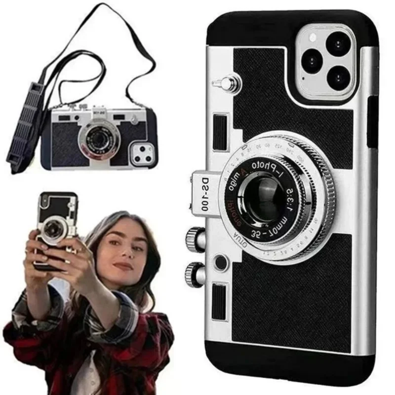 Emily In Paris 3D Retro Camera Leather Case for IPhone XS XR X 7 8 Plus 11 13 14 15 16 Pro Max 12 Mini Cover sling 17 Air case