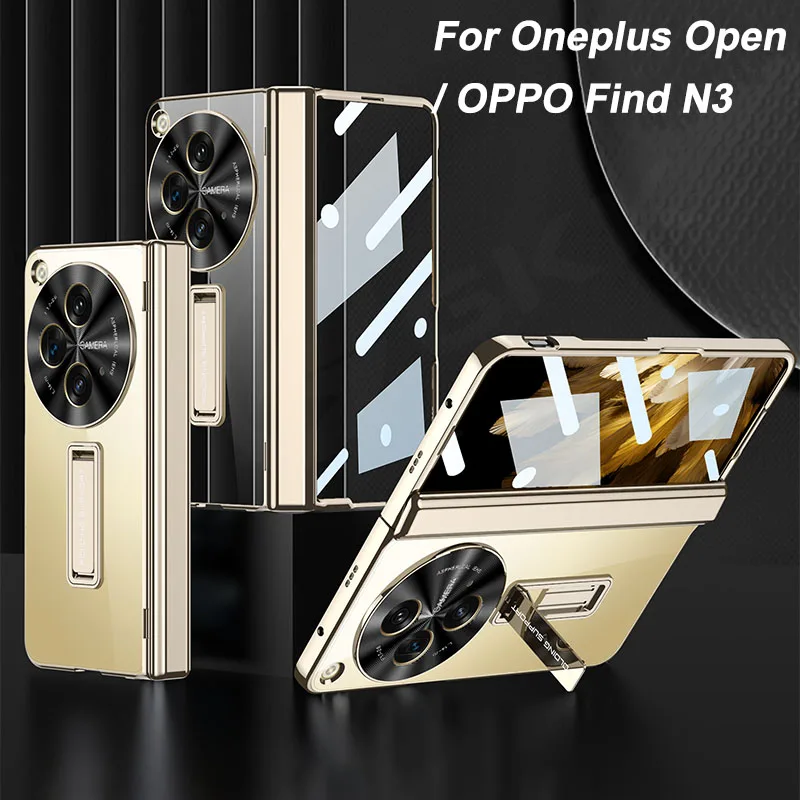 Magnetic Hinge Clear Stand Case For Oneplus Open Luxury Plating Transparent Screen Glass Protective Cover For OPPO Find N3 Case