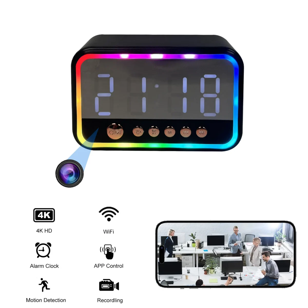 4K WiFi Clock Camera with Bluetooth Speaker, Motion Detection, Remote Viewing, Nanny Cam, Security Camera for Home Surveillance
