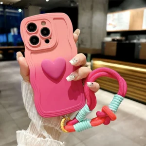 Cartoon Love Heart Gradient Lanyard Case for iPhone 16 15 14 17 Pro Max Air Plus 12 13 11 Xr Xs Hand Wrist Strap Wave Soft Cover