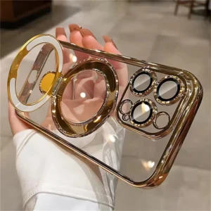 For Magsafe Bracket Plating Case For iPhone 17 16 15 13 14 Pro Max Plus Magnetic Stand Ring Holder Transparent Shockproof Cover