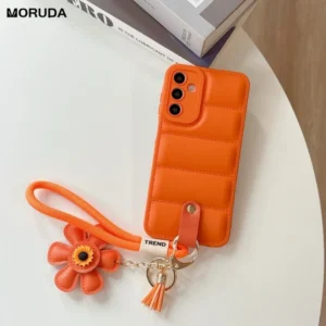 Luxury Down Jacket Sunflower Wrist Strap Case for Samsung Galaxy S25 S24 Ultra S23 S22 Plus S21 FE A56 A55 A54 A16 A35 A15 Cover