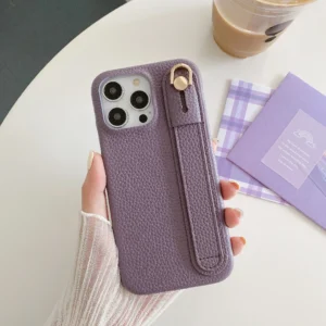 Luxury Lichee Pattern Wrist Strap Leather Case For iPhone 15 14 13 12 11 Pro Max Simple Fashion Cover