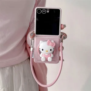 Korean Cute Pink Plaid Pattern Magnetic Phone Case For Samsung Galaxy Z Flip 7 6 5 ZFlip5 ZFlip7 Cover with Stand For Magsafe Ca