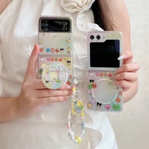 Kawaii Cartoon Animal Magnetic Phone Case For Samsung Galaxy Z Flip 7 6 5 4 3 Flip5 Flip6 Flip4 Cases with Magsafe Stand Chain