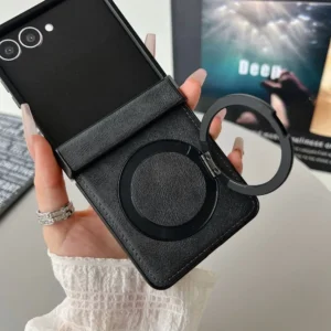 Magnetic Leather Phone Case For Samsung Galaxy Z Flip 7 FE 6 5 4 3 Flip7 Flip6 Flip5 5G  Ring Holder Hinge Protective Cover