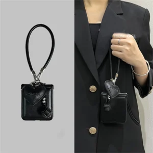 Luxury Black Phone Case with Leather Love Heart Pendant Anti-loss Strap for Samsung Galaxy Z Flip 5 6 Z Flip6 ZFlip 7 Back Cover