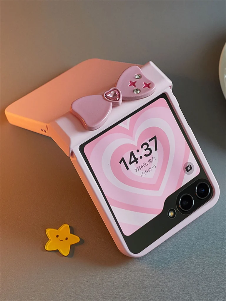 Korean ins Pink Star Diamond Bow Solid Color Phone Case with Screen Protector for Galaxy Z Flip 7 Z Flip7 Zflip5 Zflip 6 Cover