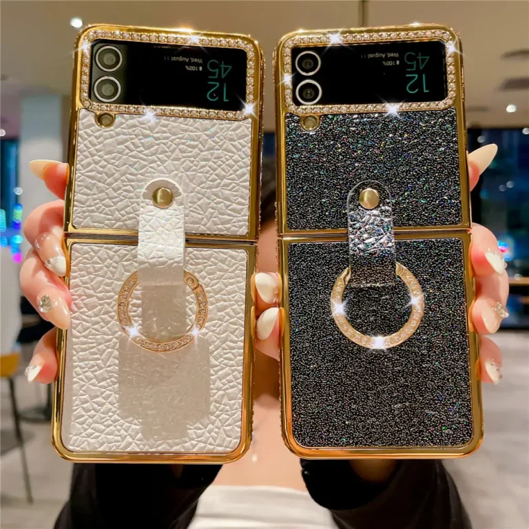 Ring Holder PU Leather Plating Case For Samsung Galaxy Z Flip 7 6 Flip 5 Flip 4 Zflip 3 Bling Diamond Shockproof Cover