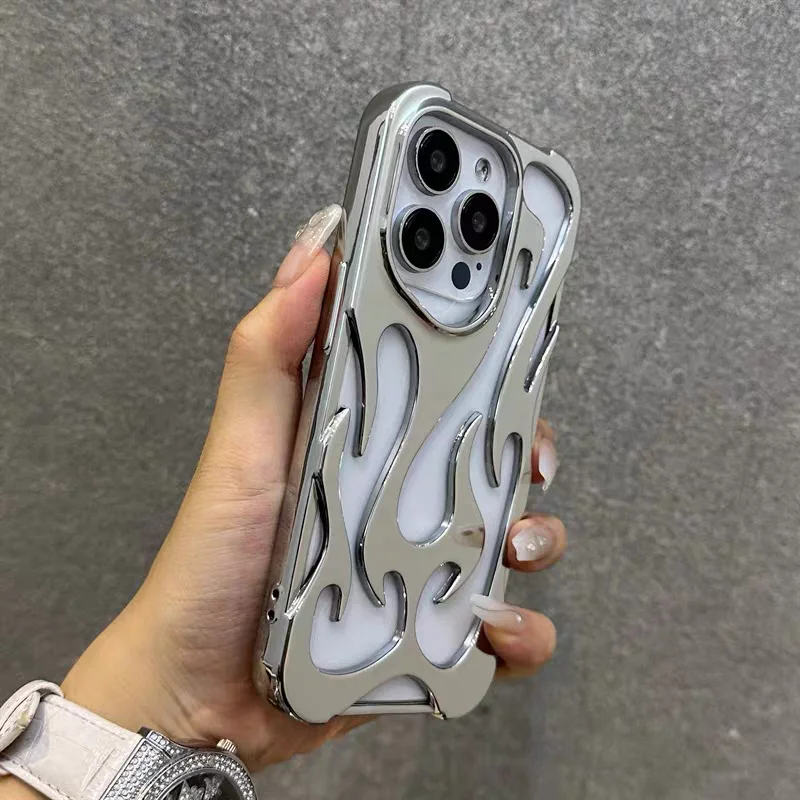 3D Flame Pattern Hollow Slim Phone Case For iPhone 16 17 Air 15 14 13 12 11 Pro Max Plus Protective Heat Dissipation Cover Funda