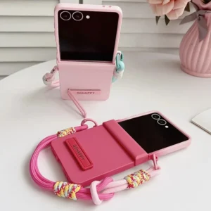 Gradient Candy Color Bracket Wrist Strap Phone Case For Samsung Galaxy Z  Flip 7 FE 6 5 4 3 Hinge Protection Matte Hard Cover