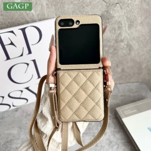 Z Flip7 Fashion 3D Grid Pattern PU Leather Phone Case For Samsung Galaxy Z Flip 7 6 5 4 Flip6 7FE Crossbody Long Lanyard Cover