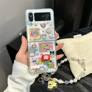 Kawaii Cartoon Animal Phone Case For Samsung Galaxy Z Flip 7 6 5 4 3 Cover with Chain Cute Silicone Cases Flip5 Flip6 Flip7 Capa