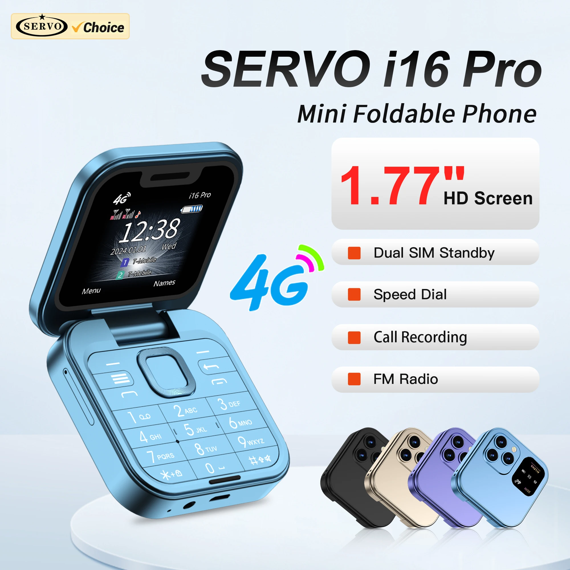 SERVO i16 PRO 4G LTE Mini Flip Mobile Phone Dual SIM Standby Call Recording Speed Dial FM Radio 1.77" Screen Foldable Cellphones