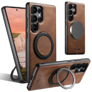 SUTENI Magnet Wireless Charging Phone Case Oil Wax Faux Leather 360° Rotating Stand Buckle For Samsung Galaxy S25Ultra S24 S23