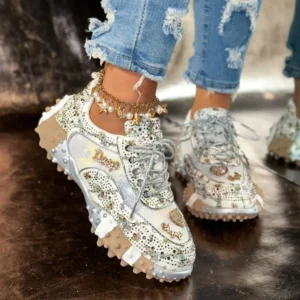Women Non Slip Running Shoes Luxury Crystal Metal Decorated Sports Shoes Comfortable  Breathable Casual Wear-resistant Shoes