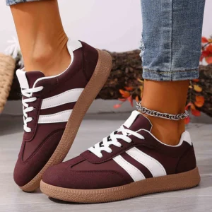 Women's Fashion Wine Red Flat Sneakers 2026 Spring White Striped Thick Sole Casual Shoes Woman Light Streetwear Vulcanize Shoes