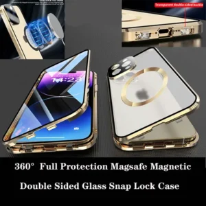360°Full Protection Magsafe Metal Magnetic Double Sided Glass Snap Lock Phone Case For iPhone 15 Pro Max 13 12 14 Pro Max Cover