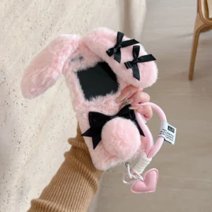 3D Cute Winter Plush Rabbit Folding Phone Case with Hanging Rope Kawaii Phone Accessories Suitable for Galaxy Z Flip 3 4 5 6 7