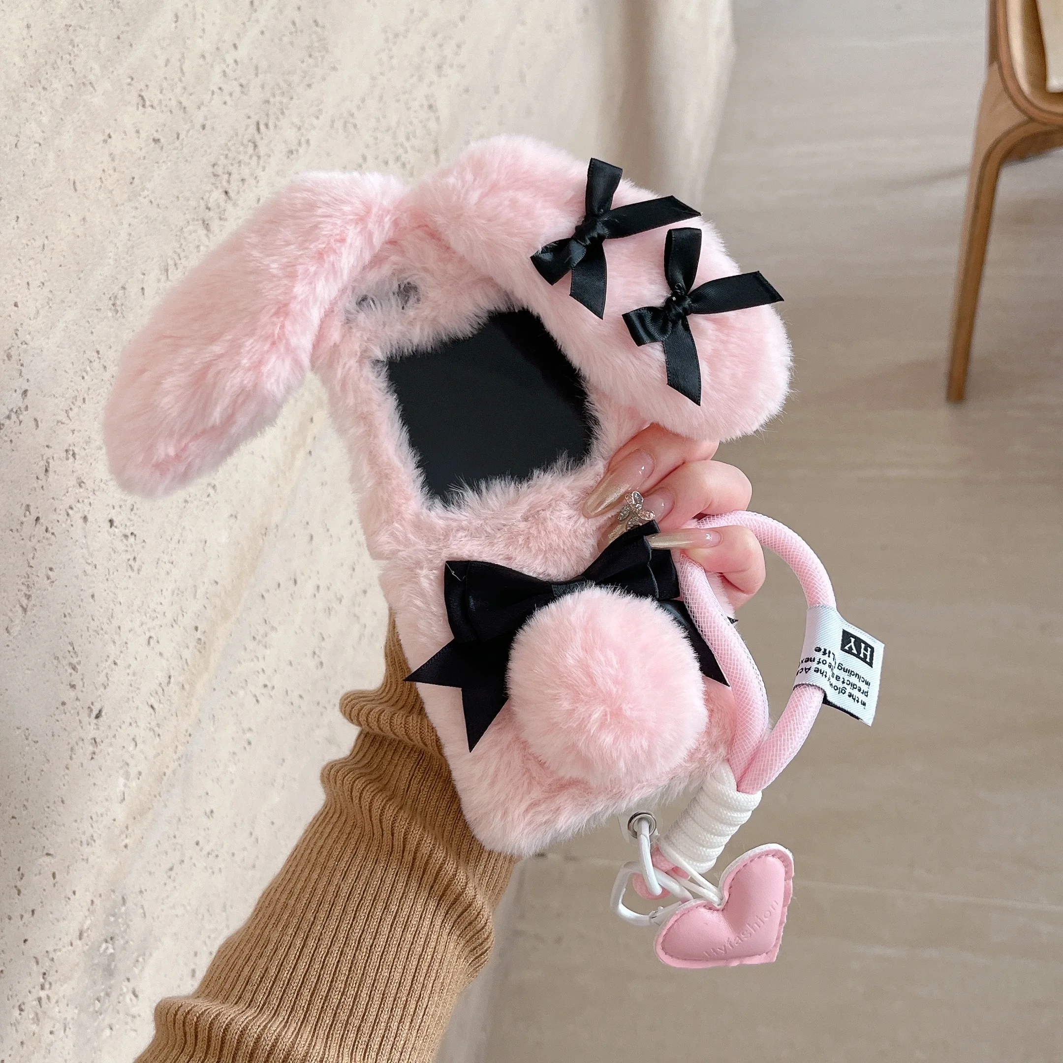 3D Cute Winter Plush Rabbit Folding Phone Case with Hanging Rope Kawaii Phone Accessories Suitable for Galaxy Z Flip 3 4 5 6 7