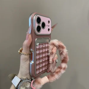 Chic Plaid Heart Silver Mirror Case for iPhone 17 Pro Max 16 15 14 Pro 13 Card Holder Cartoon Phone Case With Fur Lanyard
