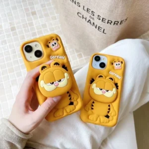 Cute 3D Carfield Head Grip Tok Holder Cartoon Rubber Silicon Soft Phone Case for iPhone 11 12 13 Pro 14 15 16 Pro Max 16 Plus