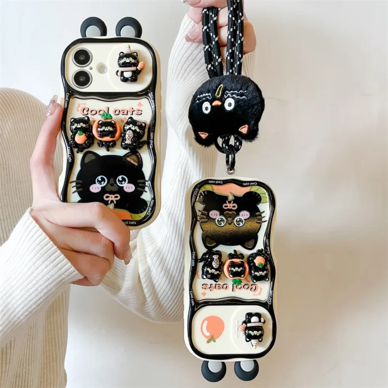 | Wholesale Price at Gaffar India Cute Cartoon Black Cat Kitty Push-Pull Camera Phone Case for IPhone 16 15 Pro Max 14 Plus 13 12 Pro Max 11 Lanyard Soft Cover