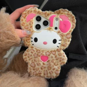 Cute Fluffy Hello Kitty Leopard Print Phone Case For iPhone 17 16 15 14 13 12 Pro Max Plus 17 Pro Cartoon Warm Plush Back Cover
