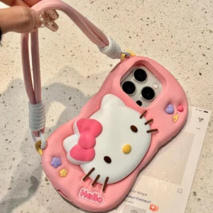 Cute Hello Kitty Head Grip Tok Holder For iPhone 17 16 15 14 13 12 Pro Max Plus 17 Pro Soft Silicone 3D Back Cover with Lanyard