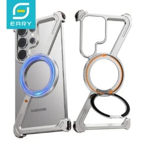 Eary Magnetic Frameless Phone Case For Samsung Galaxy S25 S24 Ultra With 360°Rotatable Stand Metal Protective Shockproof Bumper