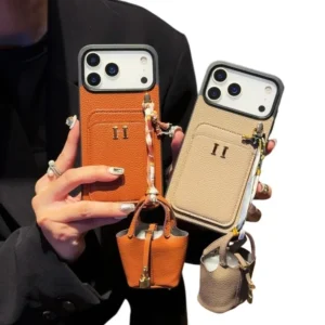 European and American iPhone 17 Air 16E 16 15 Plus 14 13 12 11 Pro Max XS Max Lychee Pattern Card Bag+Earphone Case