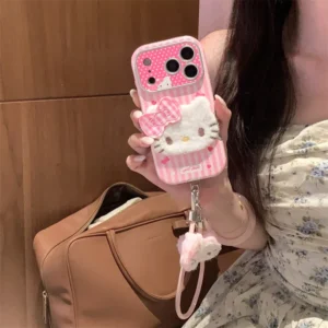 Fashion Pink Stripe Cute Hellokitty Phone Case For iPhone 17 Pro 16 15 14 Pro Max Cover with Hand Strap Shockproof Protective Ca