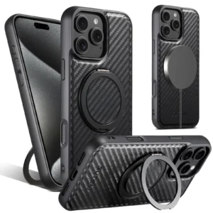 For iPhone 16 15 14 13 12 Pro Max Carbon Fiber Case, Compatible with Magnetic Built in Kickstand Shockproof Protective Cover