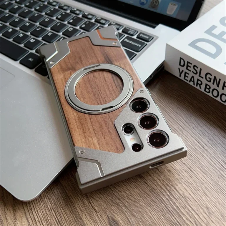 | Wholesale Price at Gaffar India For Samsung Galaxy S25 S24 S23 S22 Ultra Aluminum Alloy Frameless Wooden Magsafe Phone Case 360°Magnetic Holder Shockproof Cover