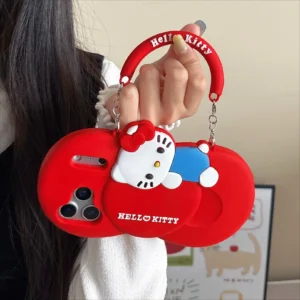 Ins Style Cartoon Hello Kitty Phone Case For iPhone 17 16 15 14 13 12 Pro Max 17 Pro Shockproof Cover With Handle Kitty Lanyard