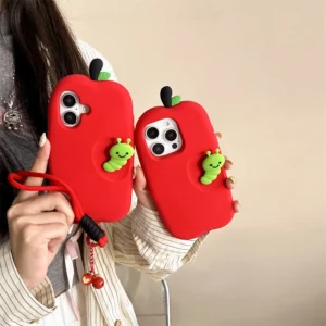 Kawaii Cartoon 3D Red Apple Caterpillar Phone Case For iPhone 16 15 14 Plus 13 12 11 Pro Max With Strap Soft Silicone Cover