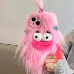 Korean Funny Fluffy Plush Monster Case For iPhone 17 Pro Max Case 16 15 14  13 12 11 Cute Girl Winter Warm Cover Fur Soft Coque