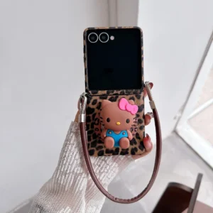 Leopard print Sanrio Hello Kitty Magnetic Grip Holder Magsafe Wireless Charge Phone Case For Samsung Galaxy Z Flip 7 6 5 Cover
