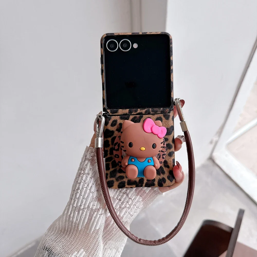 Leopard print Sanrio Hello Kitty Magnetic Grip Holder Magsafe Wireless Charge Phone Case For Samsung Galaxy Z Flip 7 6 5 Cover
