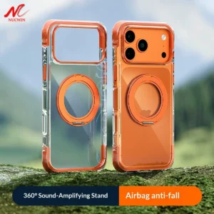 Real Airbag Anti-knock for Magsafe Case for iPhone 17 15 16 Pro Max 17Pro Transparent Back Metal Rotating Bracket Stand Cover