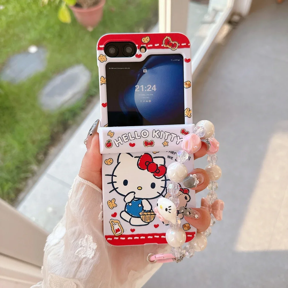 Sanrio Hello Kitty Milk Bear Cute Cartoon Phone Case For Samsung Galaxy Z Flip 7 6 5 Hard TPU Cover For Z Flip 4 With Lanyard