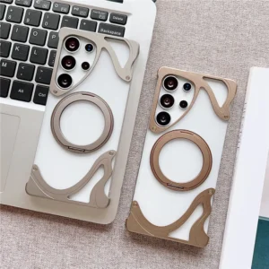 Aluminum Metal Frameless Shockproof Magnetic Phone Case For Samsung Galaxy S25 S24 S23 Ultra 360 Bracket Transparent PC Case
