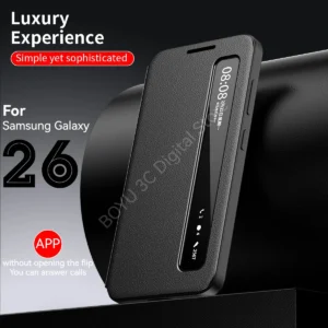 APP Luxury Leather Phone Case for Samsung Galaxy S26 S25 S24 S23 S22 Ultra Plus S25FE Edge Flip Smart Display Clear Window Cover