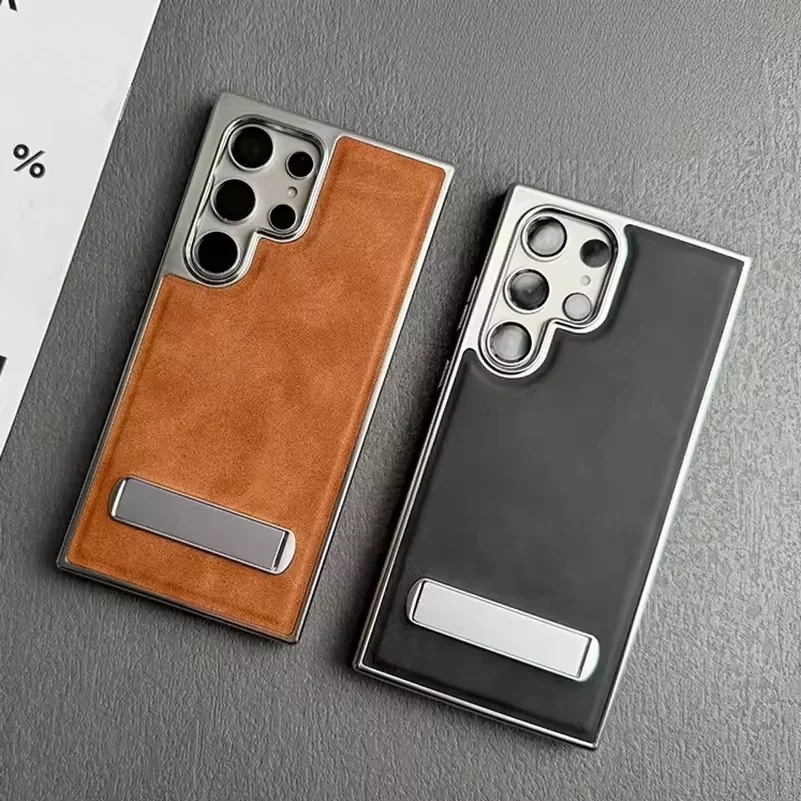 Business Chrome Leather Phone Case for Samsung Galaxy S25 S24 Ultra S22 Plus S23 FE Foldable Metal Stand Shockproof Hard Cover