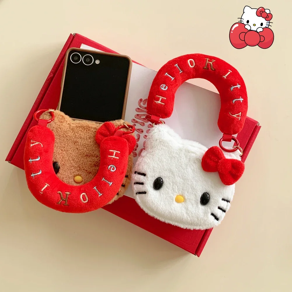 Card Wallet Pocket Phone Case For Samsung Galaxy Z Flip 7 6 5 4 3 Cute Cartoon Sanrio Hello Kitty Warm Winter Plush Soft Cover