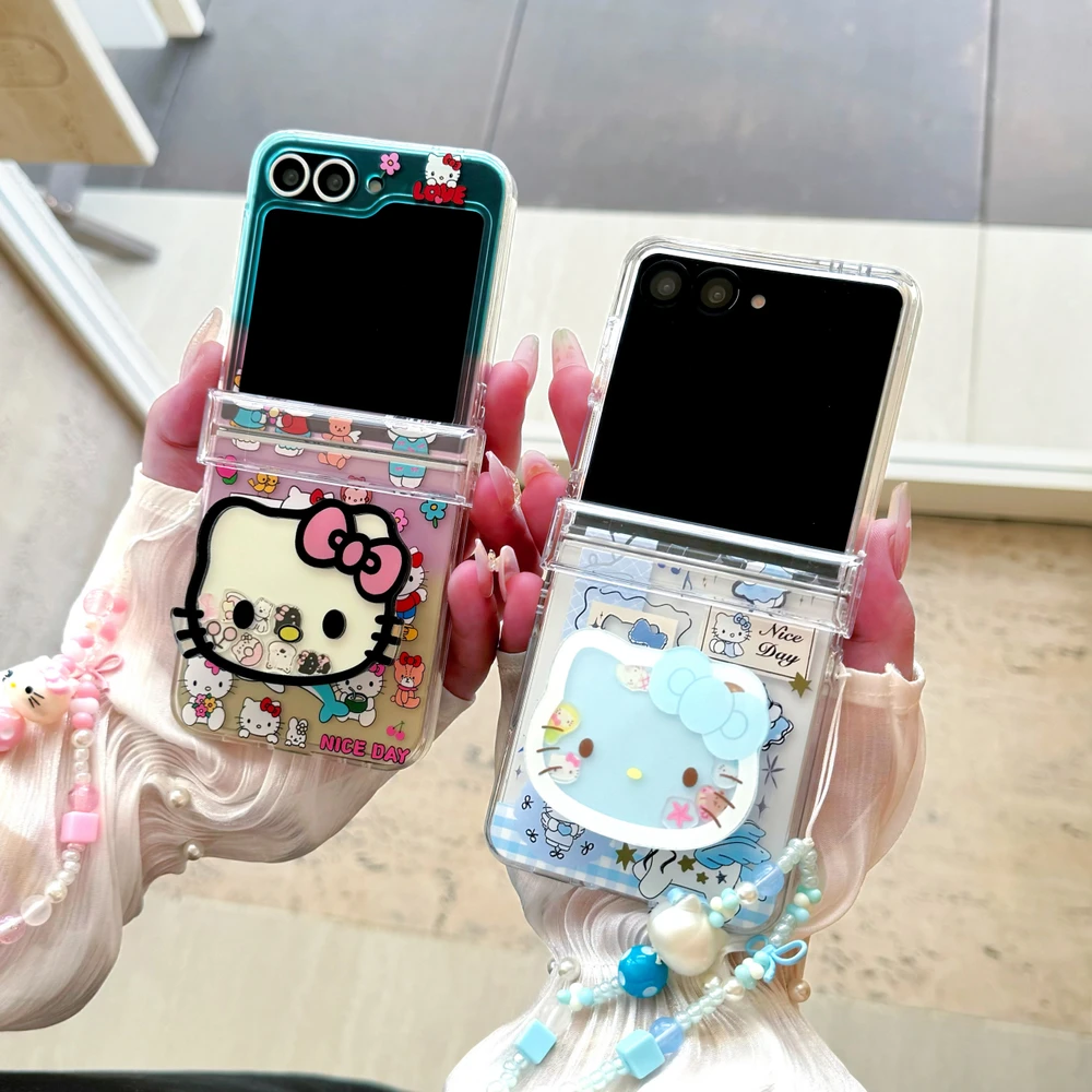 Cute Cartoon Sanrio Hello Kitty Stand Holder Phone Case For Samsung Galaxy Z Flip 7 6 5 4 3 Case Hard TPU Cover With Lanyard