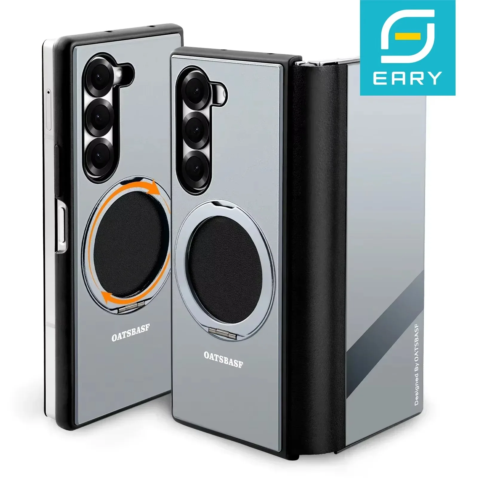 Eary For Samsung Galaxy Z Fold 6 5 Phone Case for Magsafe Kickstand 360° Rotatable Leather Full Body Protective Cover with Ring